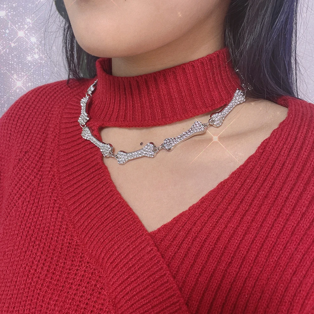 2022 Bone Necklace Iced Out Crystal Choker Necklaces Hip Hop Bone Element Clavicle Chain Men's Women's Gothic Party Jewelry