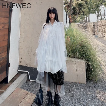 

2020 new irregular mesh patchwork satin long shirt summer niche design all-match fashion oversize famale clothes T925