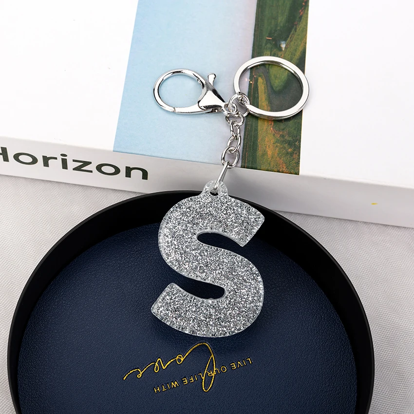 1PC Women Keychains  Handbag  Car Pendants 26 English Letter Keyring  Charms   Glitter Resin Word