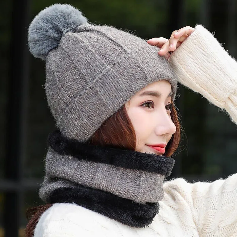 SUOGRY Hot Selling 2pcs Ski Cap And Scarf Cold Warm Leather Winter Hat for Women Knitted Hat Bonnet Warm Cap Skullies Beanies