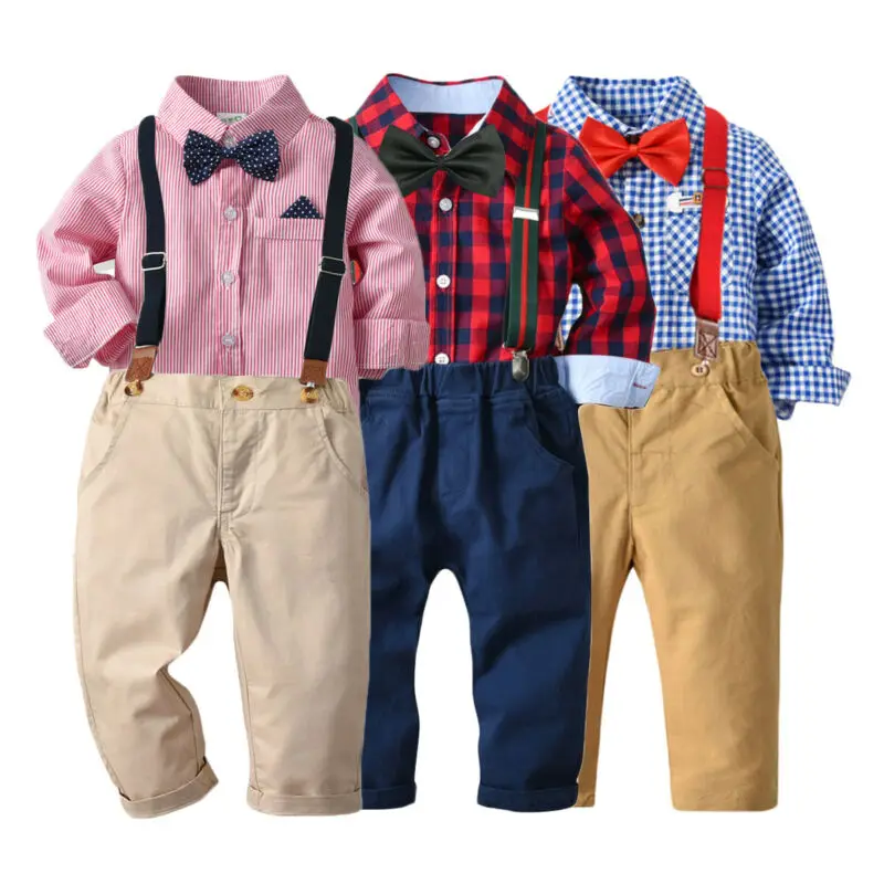 Ceny 6 M 7 T noworodek Baby Boy Kid Gentleman T shirt topy + spodnie na szelkach stroje ubrania