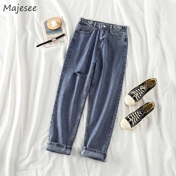 

Jeans Women Hole Classic High Waist Ankle-length Korean Style All-match Womens Trousers Student Simple Harajuku Hip-Hop Vintage