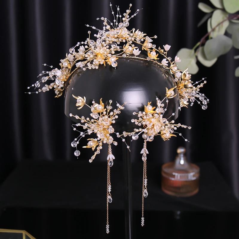 

Gold Color Pearl Crystal Hairband Tiara Headbands Bridal Hair Jewelry Wedding Hair Accessories Flower Women Party Hair Vines