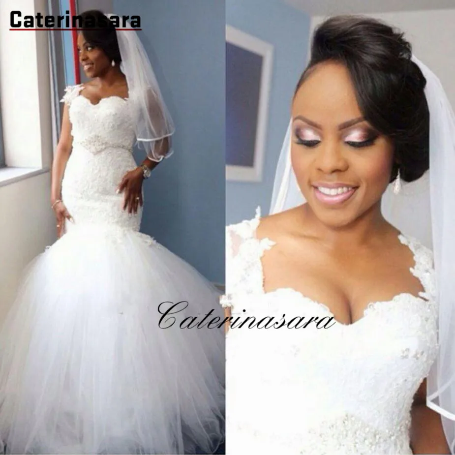 

Nigerian Mermaid Wedding Dress Sweetheart Lace Sheer Tulle wedding Gowns Applique Lace Sparking Sash Plus Size Bridal Gowns