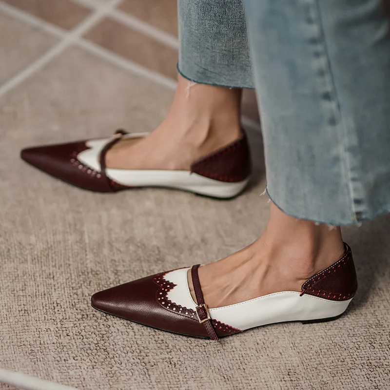 Women Genuine Leather Flats Metal Buckle Decoration Ladies Spring Retro Chunky Heel Pointed Toe Non Slip Casual Shoes 2021 | Обувь