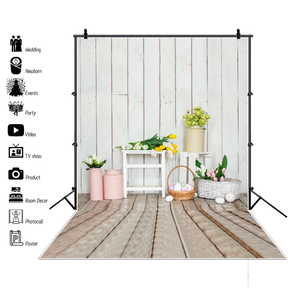 

Laeacco Vinyl Backdrops Easter Basket Eggs Flower Gray Planks Wooden Floor Baby Portrait Photographic Backgrounds Photo Studio