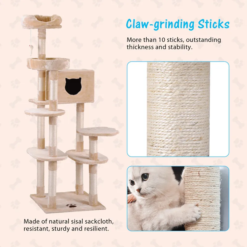 175cm Cat Tree Durable Cat Tower Activity Centre for Large Pet with Sisal Scratching Posts Kitten Shelf Cat Furniture/Supplies