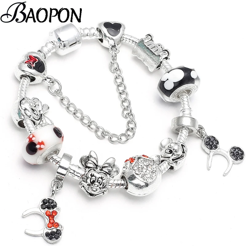 

Silver Snake Chain Charm Bracelets Bangles With Mickey Minnie Beads Fine Bracelets For Women Christmas Gift Dropshipping