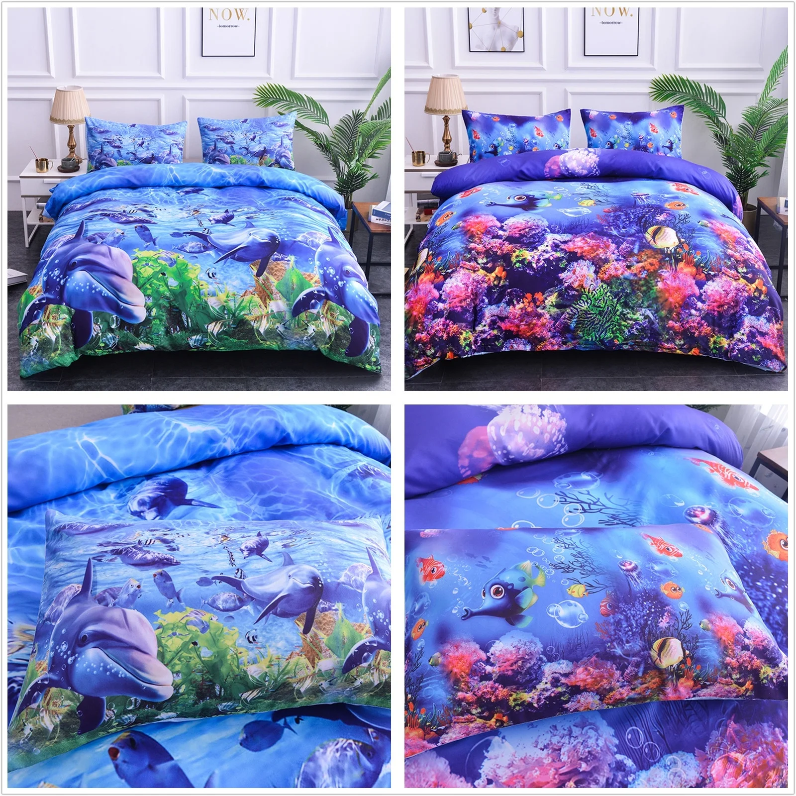 

3D Underwater World Bedding Set Sea World Dolphin Print Bed Set Duvet Cover Set Cartoon Quilt Cover for Kids