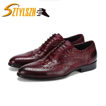 

New Fashion Crocodile Pattern Genuine Leather Retro Lace-Up Pointed Toe Flats Man Casual Classic Gentleman Bullock Men Shoe
