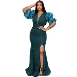 Women's New Autumn Pure Color Slim Dress V-Neck Elegant Puff Sleeve Long Split Evening Dress Sexy Host Clothing Ladies Robes