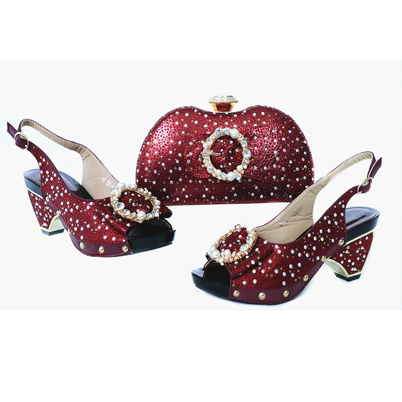 Latest African Design Pearl Pumps 7.5CM Shoes And Bag Set Summer Sandals Ladies's Party Shoes And Bag To Match Set Size 38-43 - Цвет: Wine