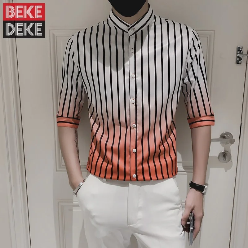 

Рубашка мужская с воротником-стойкой, однобортная сорочка для работы и офиса, приталенный силуэт, полосатая Повседневная рубашка с полурукавами, с градиентным переходом цветов, на лето