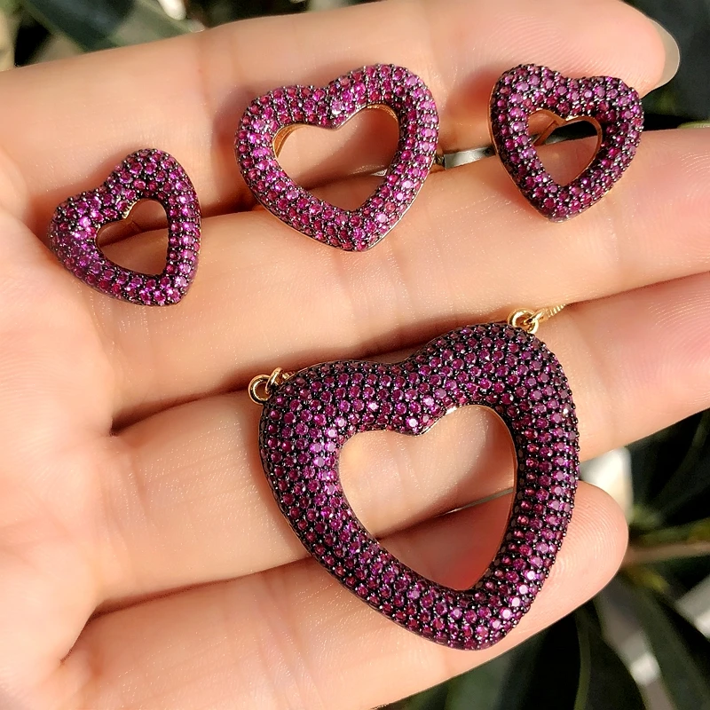 Роскошные Ювелирные наборы в форме сердца, разноцветные циркониевые серьги-гвоздики, ожерелья с подвесками, регулируемое кольцо для женщин, CZ свадебные наборы