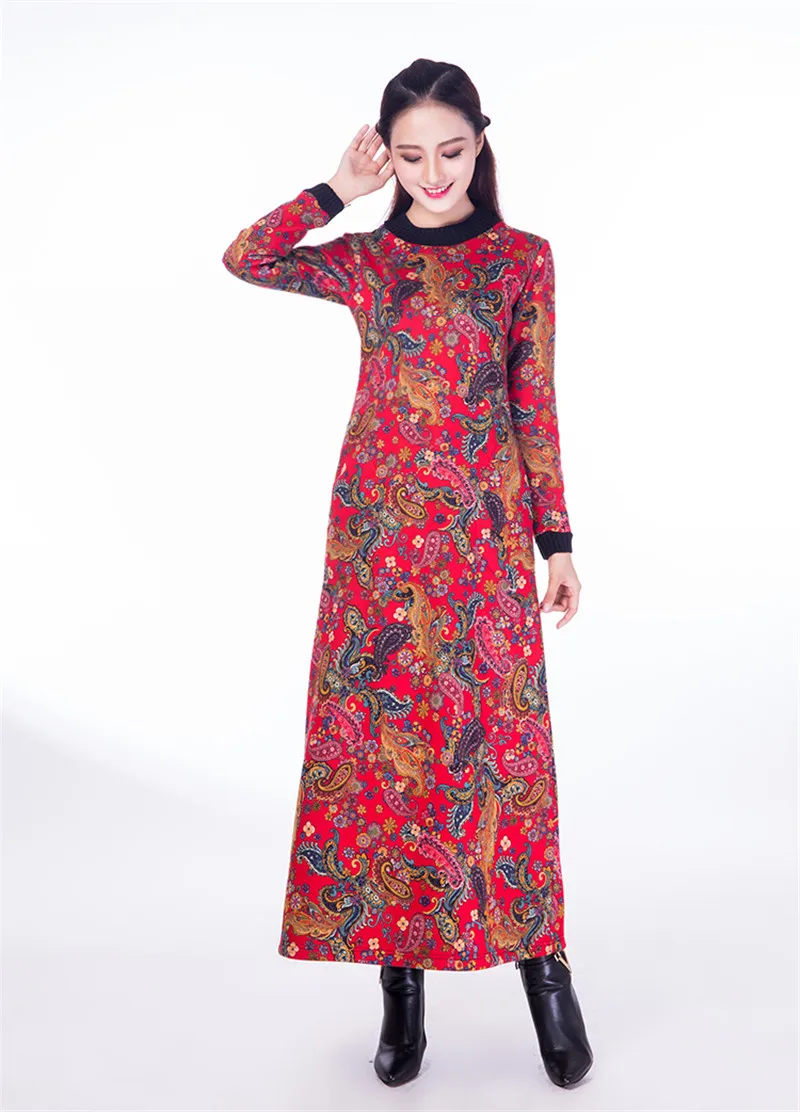 

Boollili Women Vintage Long Print Floral Dress Folk Long Sleeve Thick Autumn Winter Dresses Slim Casual Vestidos Plus Size