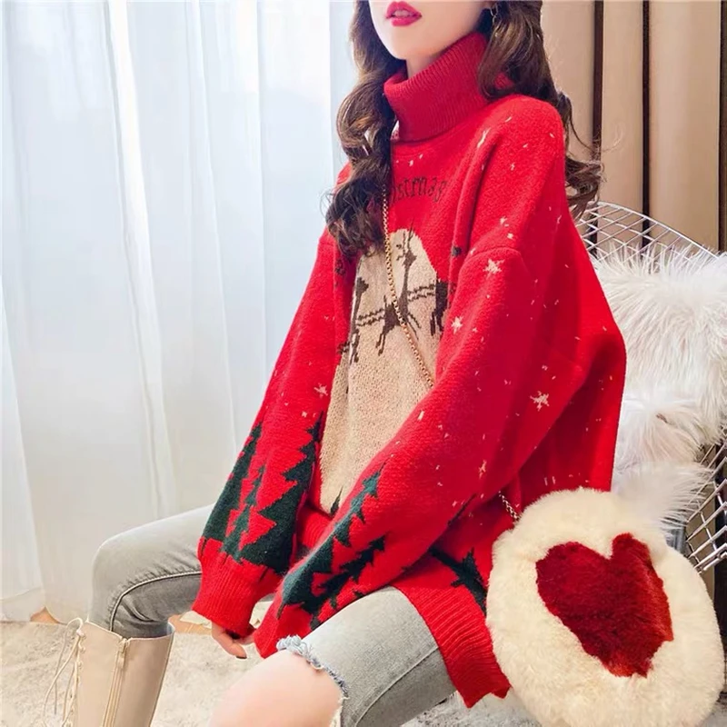 

Christmas Sweater Women Loose High Collar Long-Sleeved Thicken Pullover Sweater Female 2021 New Autumn And Winter Hot