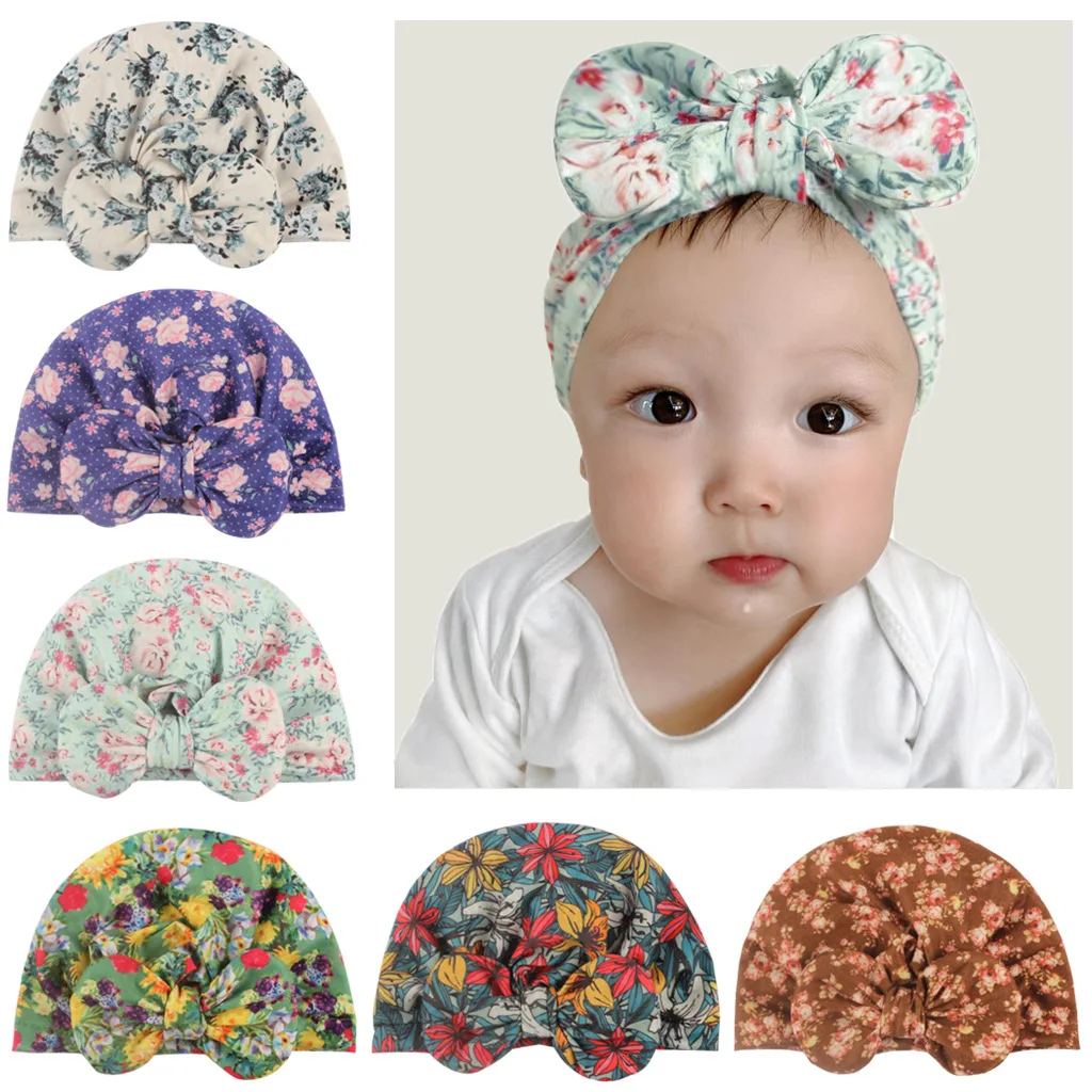 Cute 1PCS Infant Kids Newborn Baby Turban Headbands India Hats Beanie Cotton Blend Printed Bow Knot 