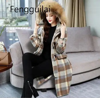 

Women Plaid Faux Fur Collar Hooded Warm Vintage Long Coat Famale 2020 Autumn Fashion Outwear Stylish Casual Elegant Coats Tops
