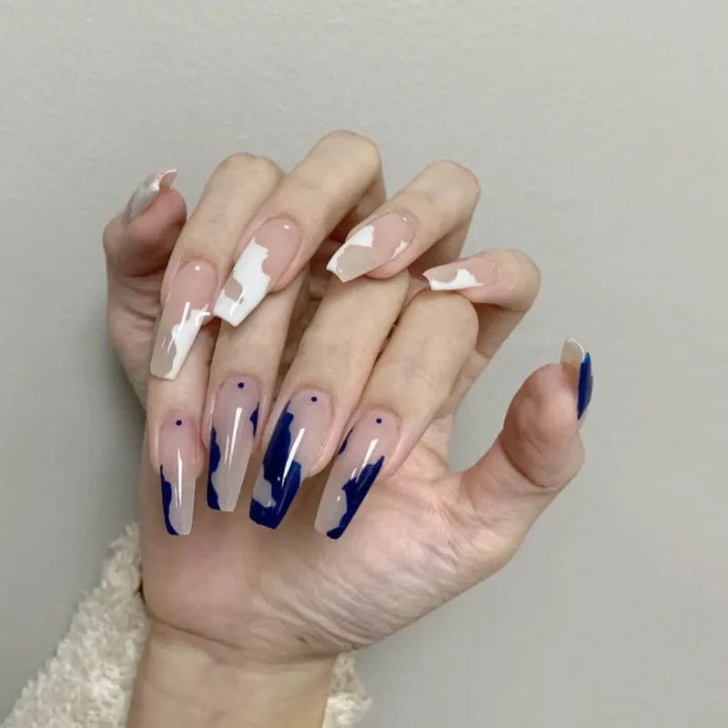 Gam-belle Blue White Geometric Pattern Fake Nails Full Cover Long Ballerina  Artificial Press On Nail Tips Diy Manicure Tools - False Nails - AliExpress