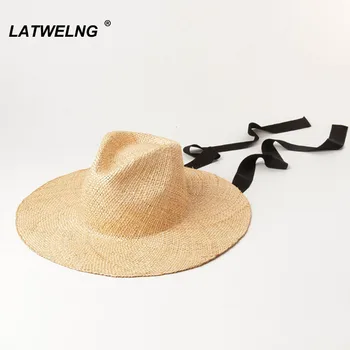 

Fashion Precious Grass Panama Hat For Women Long Ribbon Summer Sun Beach Hats Wide Brim Ladies Holiday seaside Gifts Wholesale