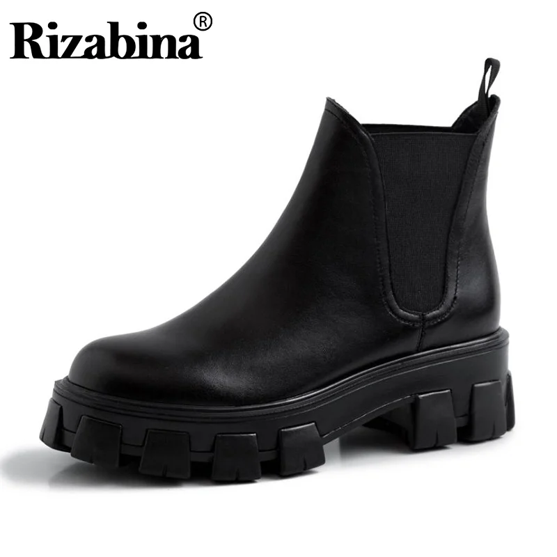 

RIZABINA Thick Sole Genuine Leather Ankle Boots For Women Elastic Band Round Toe Chelsea Boots Fashion Women Shoes Size 34-39