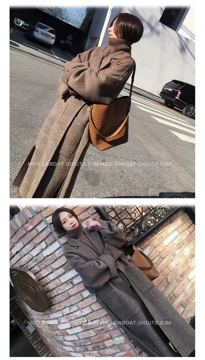 Женское шерстяное пальто в клетку, Женская куртка, Свободное длинное однобортное шерстяное пальто, зимнее пальто, шерстяное пальто