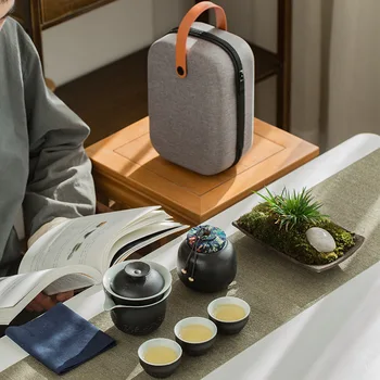 

TANGPIN black crockery travel tea sets with 3 cups portable travel tea set drinkware