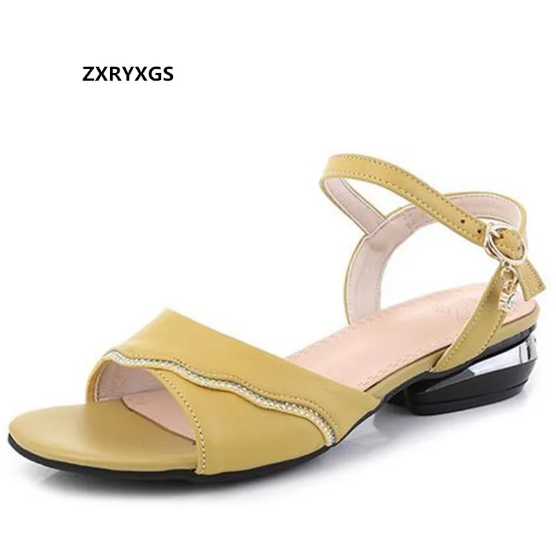 

2021 Summer New Fish Mouth Sandals Rhinestone Genuine Leather Sandals Comfortable Low Heel shoe Fashion Sandals Shoes Size 34-43