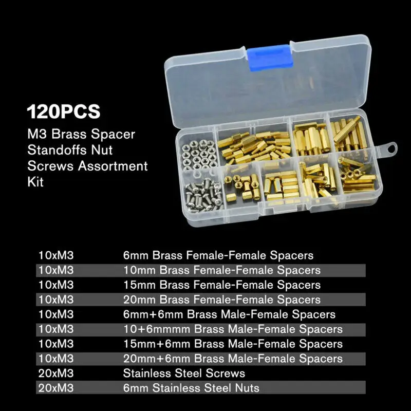 

120 Pcs M3 Male Female Brass Nut Assortment Standoff Spacer PCB Board Hex Screws