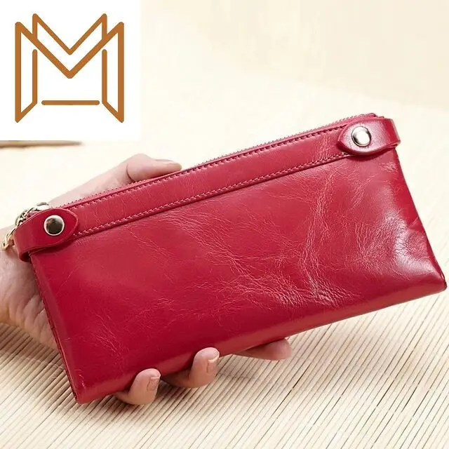 

Genuine Leather Long Section Two Zipper Head Layer Oil Wax Wallet Capacity Card Package