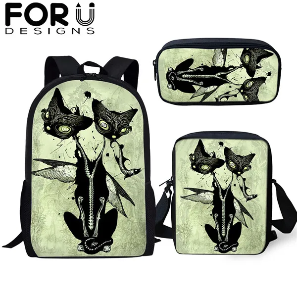FORUDESIGNS/готический Черная кошка школьные сумки 3 шт./компл. для девочек и мальчиков Повседневное 3D Для женщин рюкзак ортопедический рюкзак детская дорожная сумка для книг - Цвет: CDGX1393CEK