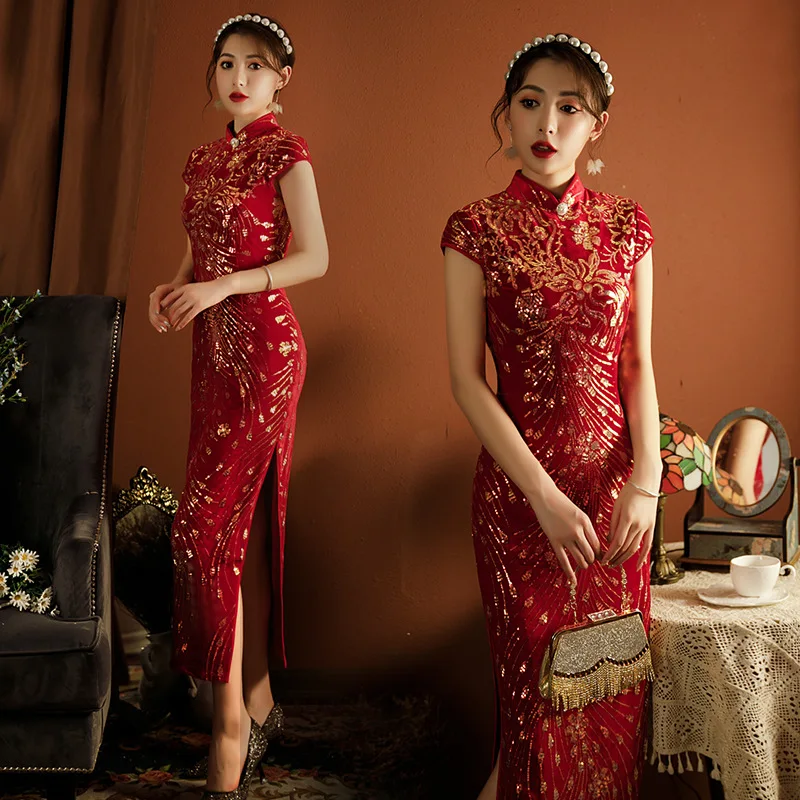 Chinese Dress Female Evening Dress Velvet Phoenix Tail Cheongsam Chinese Style Classic Qipao Vintage Button Dresses Gown Spring Banquet