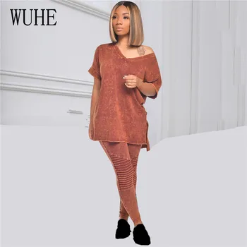 

WUHE Women Two Piece Set Solid V-neck High Low Tee Top Drap Pencil Leggings Jogger Sweatpants Suit Casual Sport Matching Set