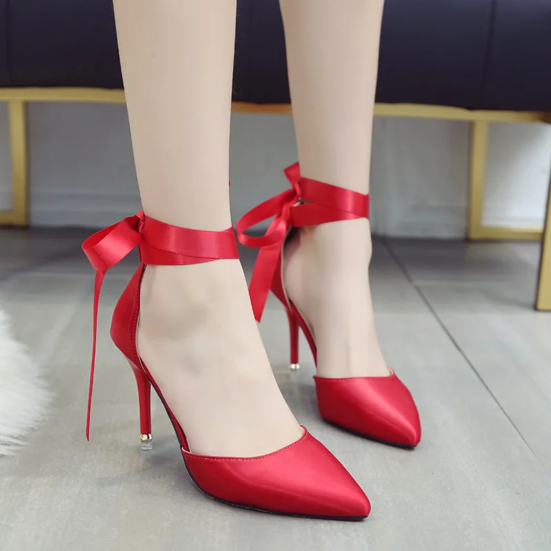 

2019 Spring Summer Hallow Silk Fabrics Pointed-Toe Thin Heeled Sandals Party Annual General Meeting Bandage Cloth High Heel Shoe