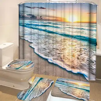 

180x180cm Beach Shower Curtain Set Bath Mats Rugs Waterproof Bathroom Curtain Non-Slip Rug Toilet Cover Set Bathroom Accessories