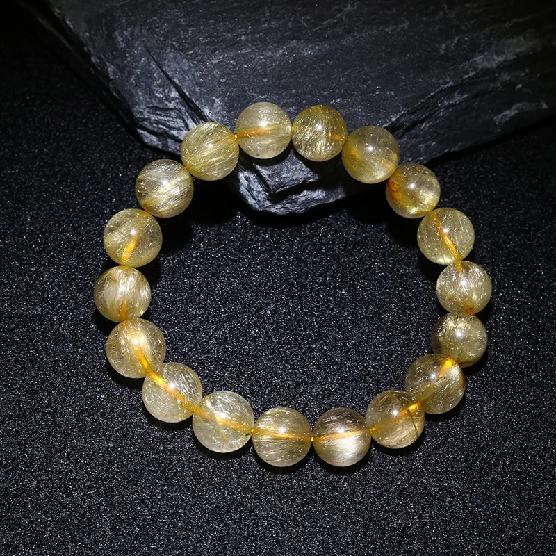 Natural Genuine Titanium Gold Hair Rutile Quartz  Stretch Bracelet Round Beads 8-14mm