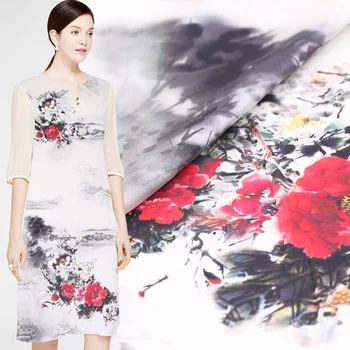 

103cm*108cm Peony print stretch silk satin fabric Real Silk Material Mulberry Silk Cheongsam Cloth