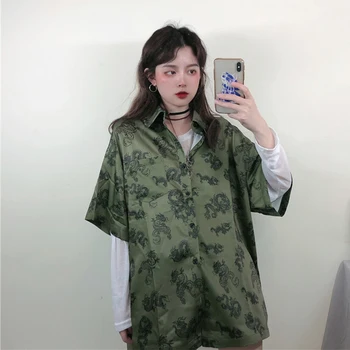 2021 Summer Spring Women Blouses BF style oversized shirts Harajuku Tops Dragon Printing Short Sleeve Shirts Female Streetwear 5