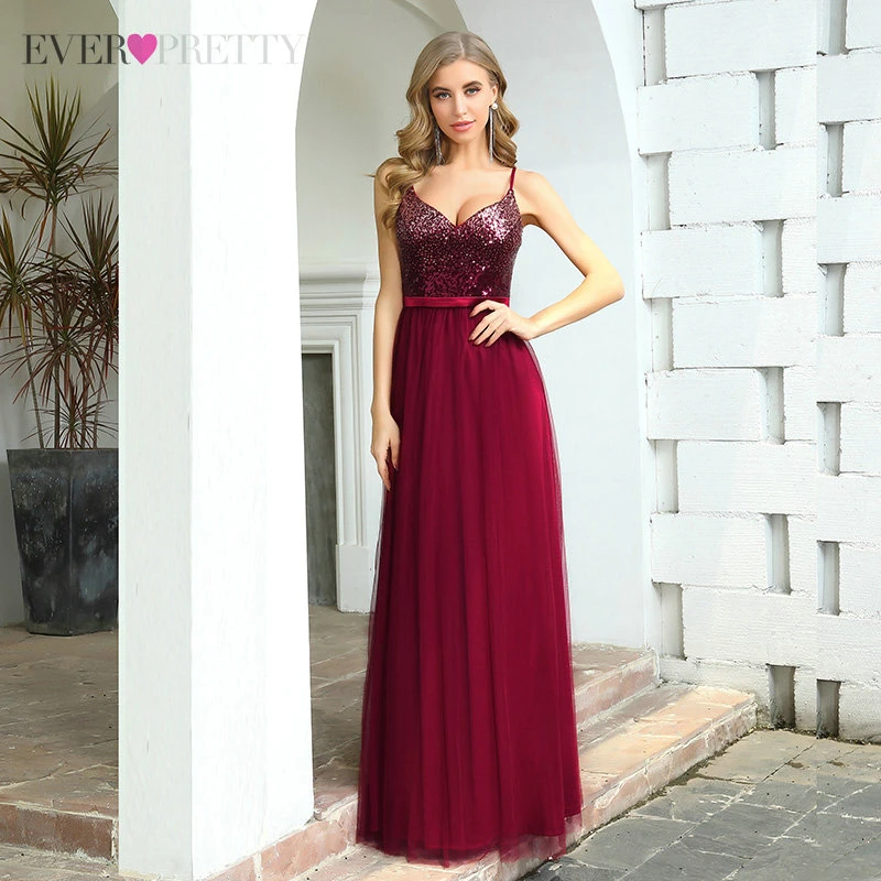 

Long Burgundy Prom Dresses Ever Pretty A Line Spaghetti Traps V Neck Sequined Sexy Christmas Dress Party Gowns Vestido Longo