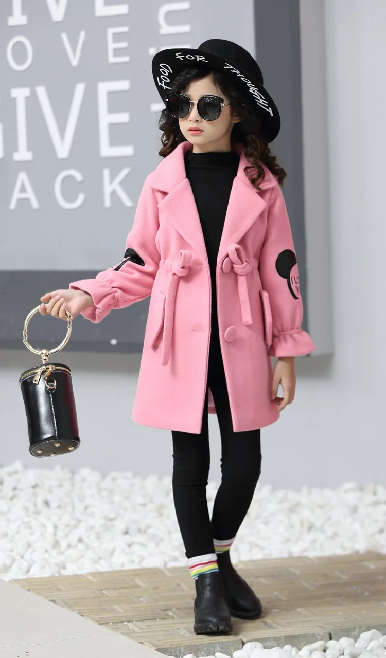 Girls woolen coats Children pure color lapel windbreaker Winter Kids pompon outwears