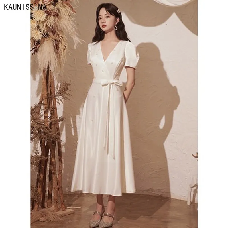 

New Bride Dress Simple Elegant A-Line Wedding Robe V-Neck Short Sleeves Beaded Sashes Korean Wedding Dresses Bridal Gown