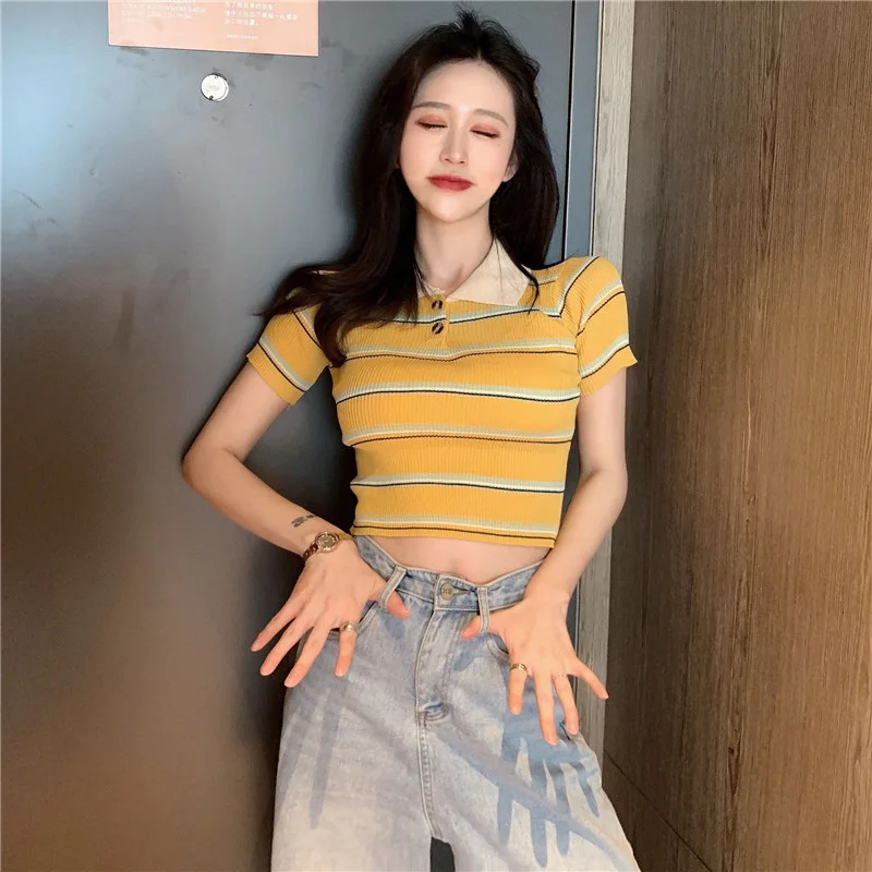 

2020 New Summer Hot Sale Streetwear T-shirts Women Sexy Casual Striped All-match Fashion Slim Fit Tops Lapel Striped Tee Tops