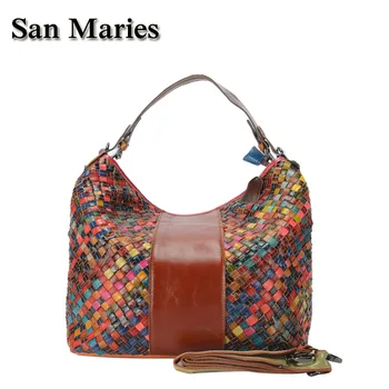 

San Maries Real Leather Woman Knitting Hand Bags Luxury Designer Handbags Colorful Ladies Fashion Shoulder Totes