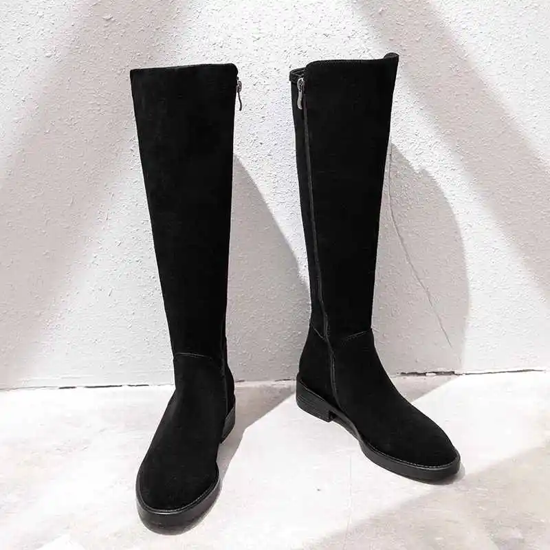 black full cow suede Krazing pot/натуральная кожа с естественной лицевой поверхностью туфли с молнией и круглым носком; модная женская обувь в стиле «Гладиатор» с низким каблуки для суперзвезды для верховой езды красивый сапоги-казаки L18 - Цвет: black full cow suede