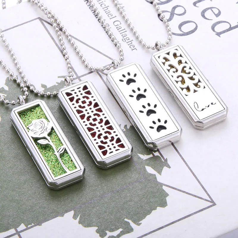 

Rectangle Stainless Steel Aromatherapy Diffuser Necklace Jewelry Perfume Locket Pendant Essential Oil Locket Send Crystal pad