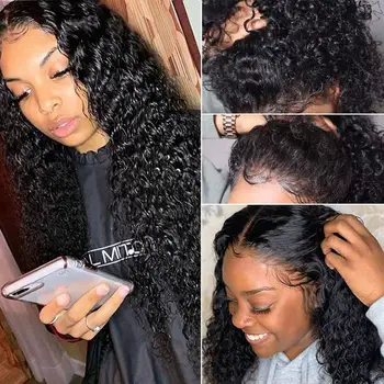 

Curly Human Hair Lace Front Wigs Closure Pre Plucked with Baby Hair U part Remy wig Brazilian Deep Curly Transparent Lace