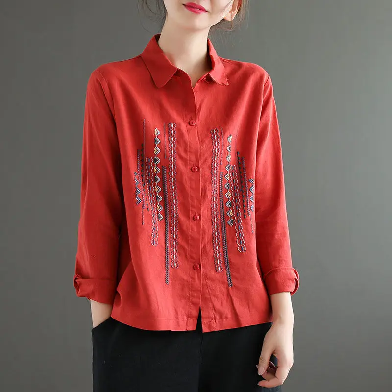 

Cotton Linen Plus Size Collared Shirt Womens Long Sleeve Vintage Embroidery Blouse Tops Button Up Ladies Clothes Casual
