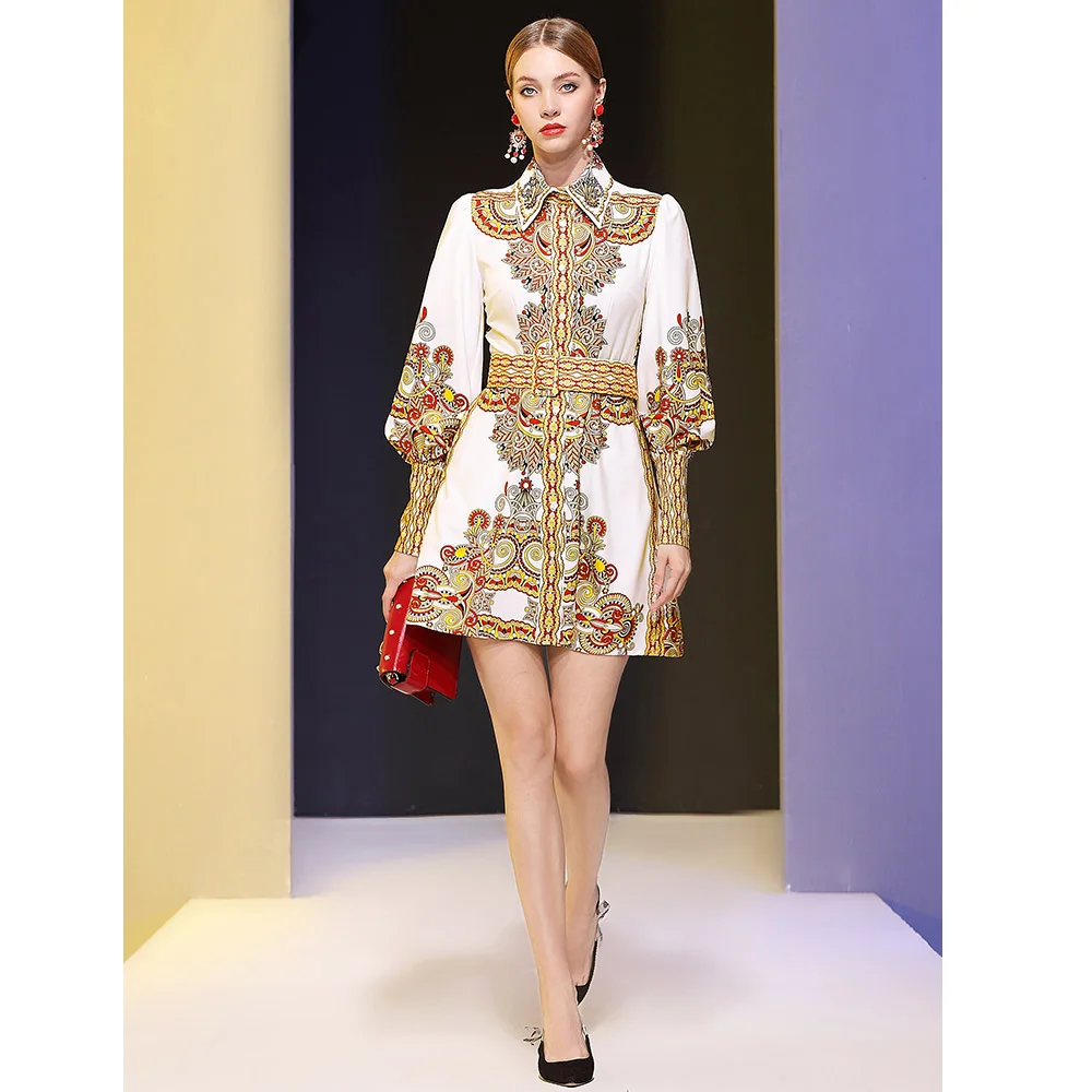 

Beading Diamond Long Sleeve Puff Designer Runway Style European HIgh Quality Print Vintage Turndown Collar Women Dress Vestidos