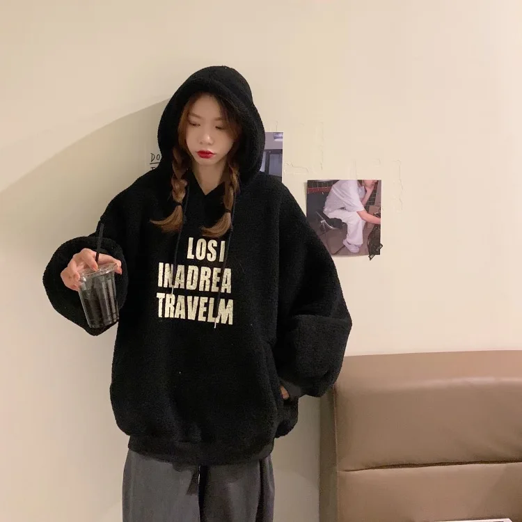 PX3382 2020 new lamb wool hooded loose letters