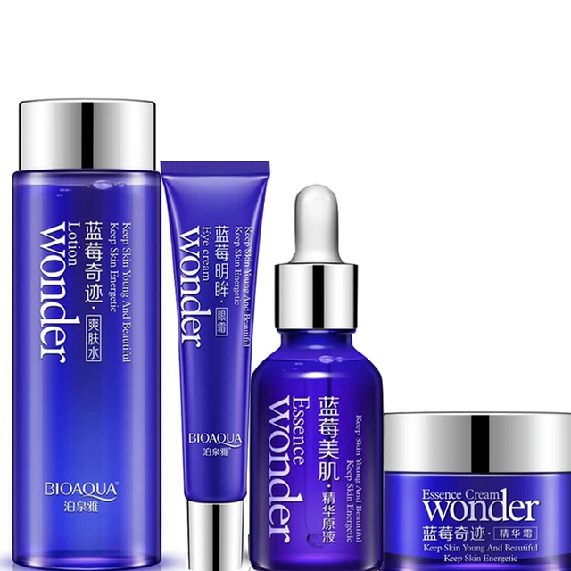 BIOAQUA – kit de soins pour le visage, crème hydratante à la myrtille, Essence liquide, Toner, pour les yeux, blanchissant, hydratant, 4 pièces/lot
